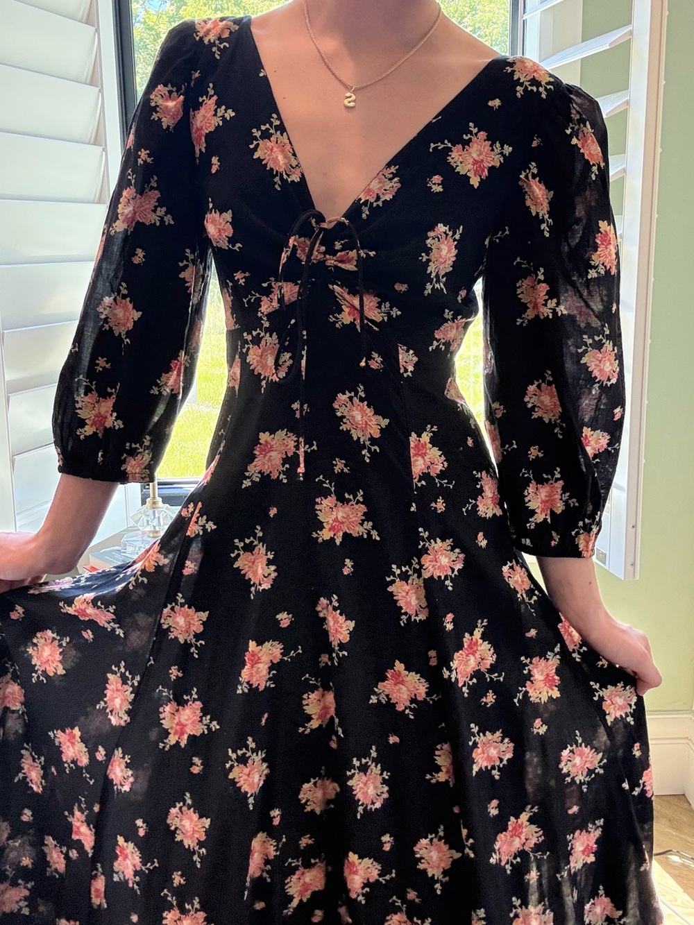 Free People Black Midi Dress with Pink Floral Print and Puff Sleeves